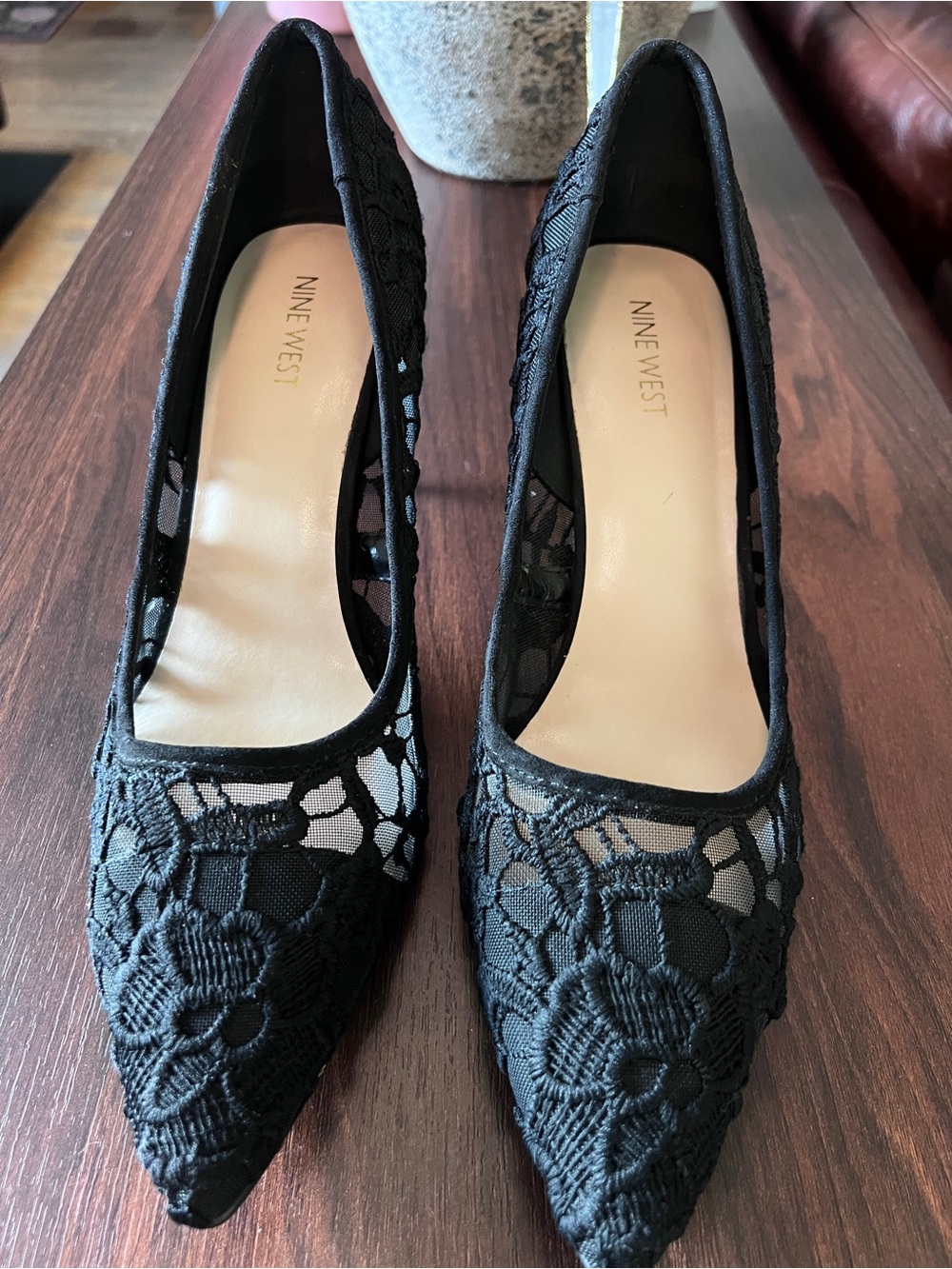 Nine West Black Floral Lace Pointed Pumps